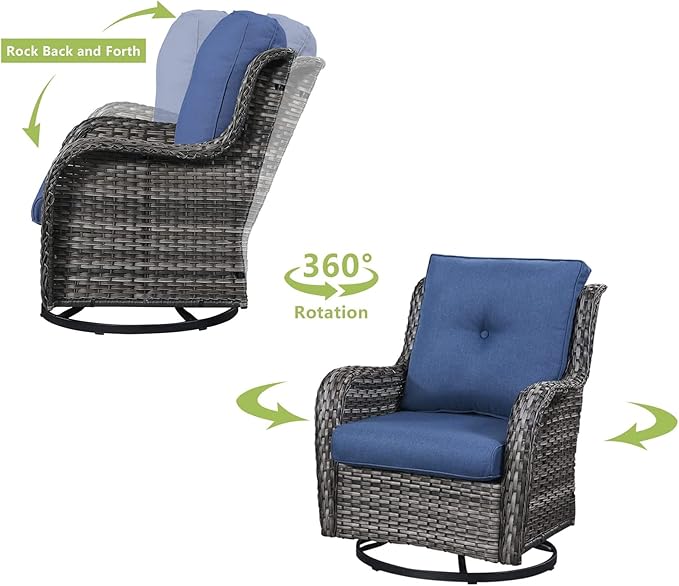 HUMMUH 7pcs Patio Furniture Set Swivel Rocker Patio Chairs,PE Wicker Outdoor Sofa Set of 2 with Coffee Table and Ottomans(Grey,Blue)