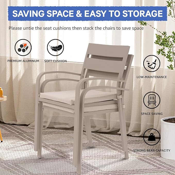 Soleil Jardin Outdoor Aluminum 2-Piece Patio Dining Chairs with Cushions, Stackable Bistro Chairs for Balcony, Garden, Backyard, Flaxen Finish & Beige Cushion