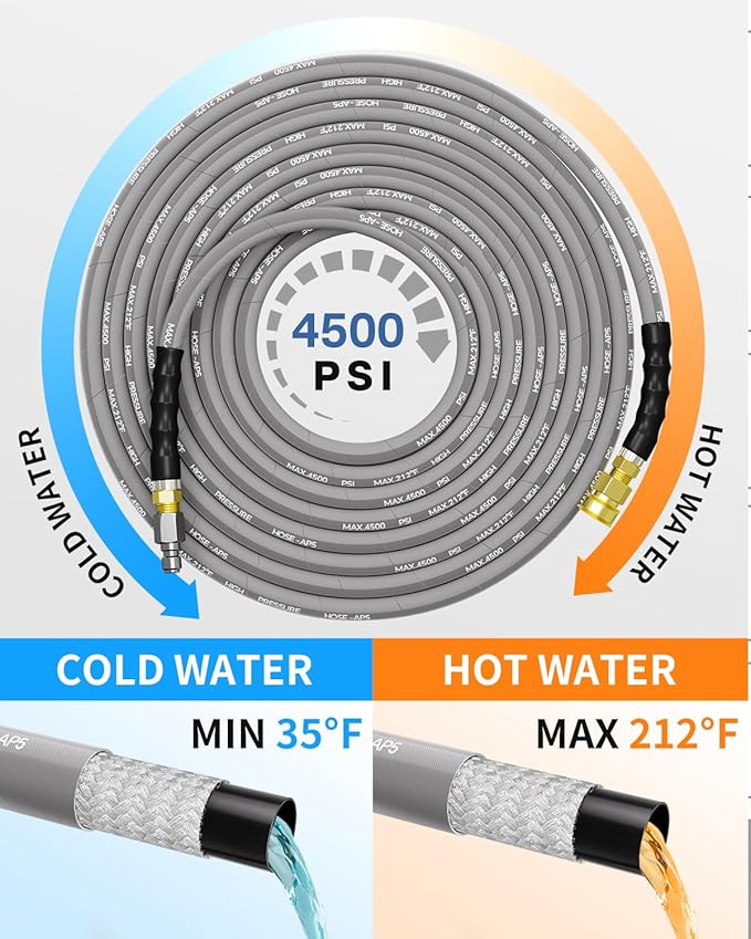 Pressure Washer Hose 100FT 3/8" for Cold and Hot Water 212°F, with Swivel Quick Connect, 4500PSI Kink Resistant Grade Steel Wire Braided, Power Washer Hose With 2pcs M22-14mm Adapter