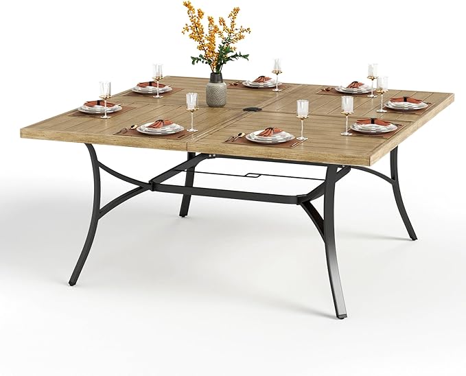 PHI VILLA Large Outdoor Patio Table for 8 Person, 60" Square Metal Steel Slat Table with 1.57"-1.9" Adjustable Umbrella Hole, Weather-Resistant Outdoor Dining Table for Deck Backyards, Brown