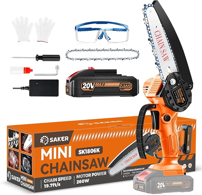 Saker Mini Chainsaw|6 Inch Chainsaws[2025 Upgraded]|Mini Cordless Electric Chain Saw|Small Handheld Portable Chain Saws Battery Powered Saws for Tree Trimmer and Garden,Christmas Gifts