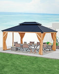 GAOMON Hardtop Spruce Wood Gazebo 12'x16', with Double Roof of Metal Sheets, 4.7'' Heavy Duty Poles, Net, and Curtain, Permanent Building for Patio, Deck, Backyard, Lawn, and Garden, Khaki