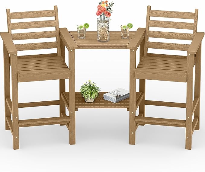 Tall Adirondack Chairs Set of 2, All Weather HDPE Poly Bar Height Balcony Adirondack Chair with Removable Double Connecting Trays, Outdoor Adirondack Barstools for Deck, Patio, Yard, Pool, Lawn