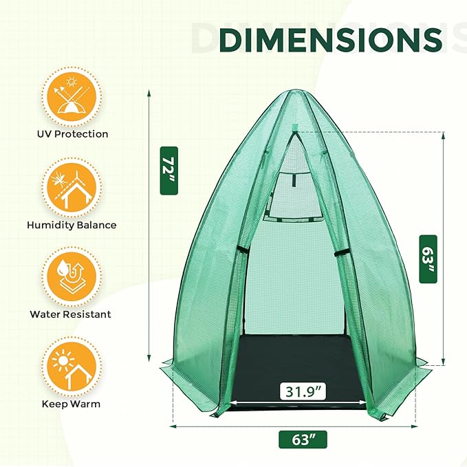 EAGLE PEAK Portable Mini Dome Greenhouse with Zippered Door and Mesh Window, Outdoor Mini Hexagon Greenhouse Kit for Indoor Outdoor Gardening 63"x63"x72", Green PE Cover