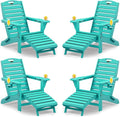 Folding Adirondack Chairs Set of 4,Adirondack Chair with Retractable Ottoman,Plastic Adirondack Chairs with 2 Cup Holder,Weather Resistant Patio Chair,Outdoor Chairs Set of 4(Lake Blue)