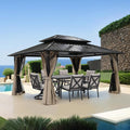 10' x 12' Hardtop Gazebo, Aluminum Frame Outdoor Patio Gazebo with Netting and Curtains, Outdoor Hardtop Gazebos, Patio Pergolas with Double Metal Roofs for Backyard, Patio, Deck, Sandstone
