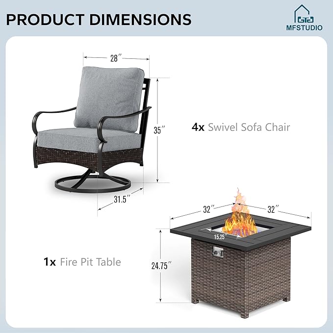 MFSTUDIO 5 Pieces Outdoor Patio Furniture Set, Metal Outdoor Conversation Sofa, Rattan Wicker Patio Sectional Sofa Set with 4 x Swivel Single Sofa, 1 x Fire Pit Table, Grey
