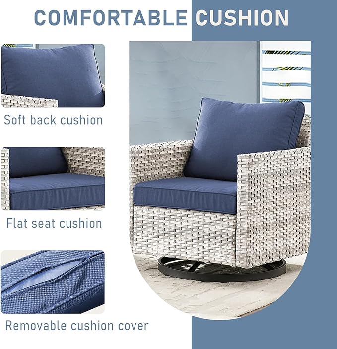 Outdoor Swivel Chairs Set of 4: Wicker Swivel Rocker Patio Chairs Set of 4, Swivel Rocker Outdoor Chair, Wicker Patio Furniture Sets, LightGrey/Blue