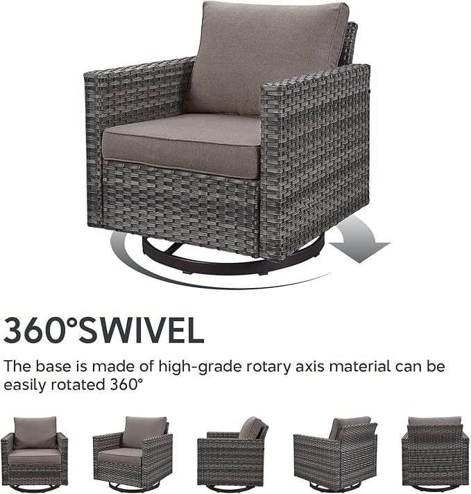 5 Piece Wicker Patio Furniture Set - Outdoor Swivel Rocker Chairs Set with 3 Seat Sofa and Ottomans, Small Patio Conversation Sets Proch Furniture for Balcony Deck - Grey/Grey
