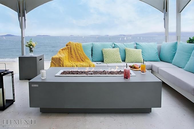 Elementi Granville Gas Fire Pit Bundle Concrete Fire Table, Outdoor Fire Pit Electronic Ignition | Canvas Cover, Lava Rock Included | Free AMS Wind Guard | Light Gray (Propane Gas)