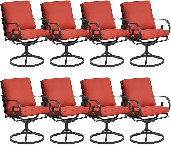 MELLCOM Patio Swivel Chair Set of 8, Heavy Duty Outdoor Dining Chairs with Thickened Cushions, Metal Patio Chairs Gentle Rocker for Outside, Garden Lawn & Porch, Backyard, Red