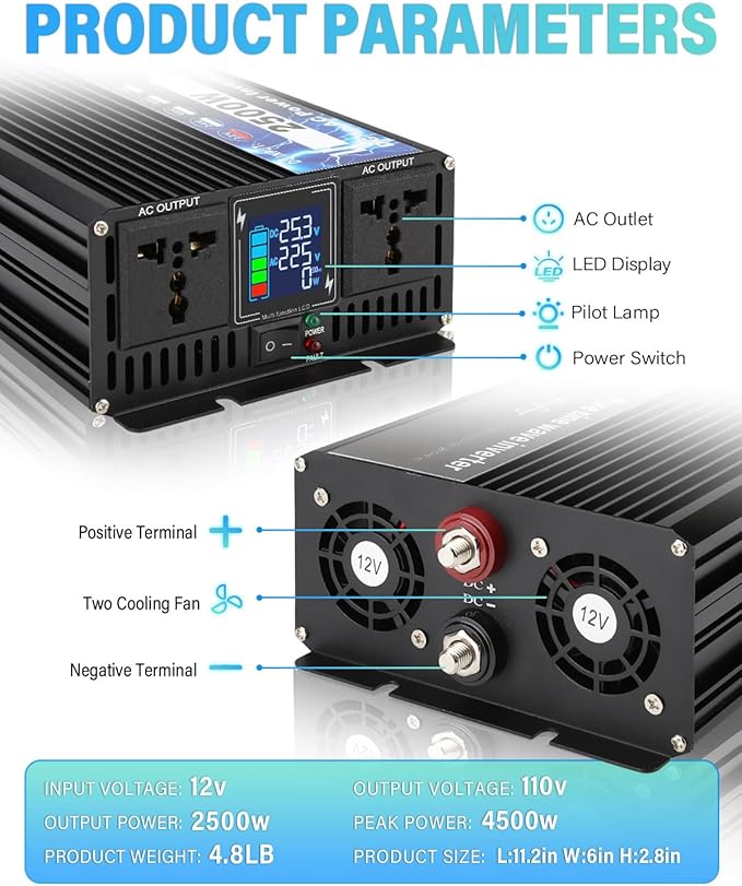 NIHAO 2500W Power Inverters DC 12V to 110V AC Converter with LCD Display, 2 International Socket and Battery Clips for Home, RV, Outdoor, Camping, Boat