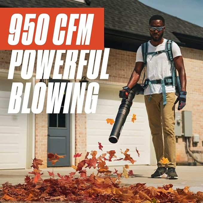 SENIX 60V Backpack Leaf Blower, 2400W Brushless Cordless Leaf Blowers, 950CFM / 140MPH, 4 Speed/Volume Mode, 2 X 6.0Ah Batteries and Dual Port Fast Charger for Yard, Garden