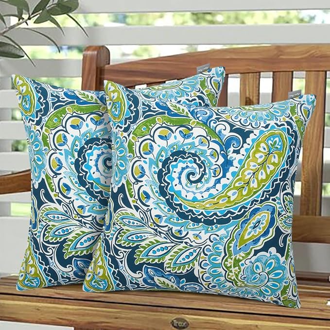 Magpie Fabrics Pack of 2 Indoor Outdoor Waterproof Throw Pillow Covers 18 x 18 Inch, Decorative Pillowcase Shell Cushion Sham for Garden Patio Tent Balcony Couch Sofa(Paisley Lapis Green)