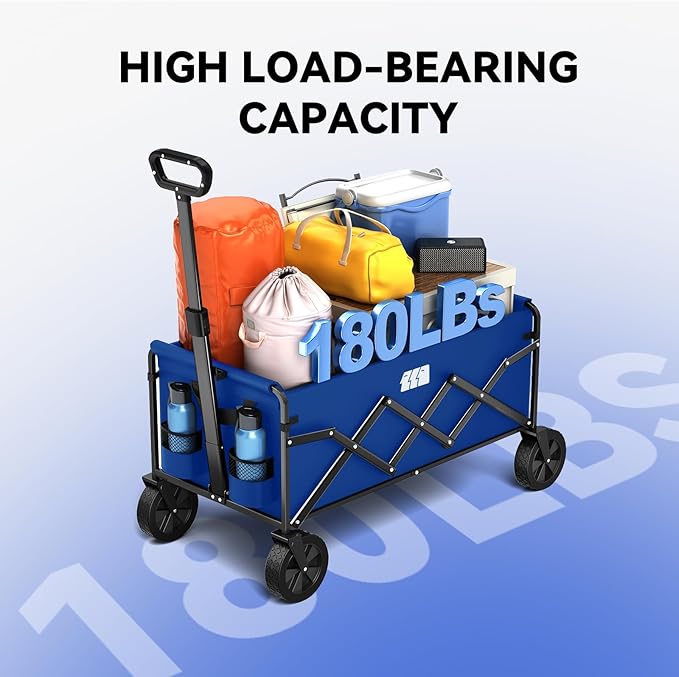 Collapsible Folding Wagon, Heavy Duty Foldable Cart with Wheel, Lightweight Utility Grocery Carts with 200lbs Weight Capacity for Garden, Beach, Camping Sports, Fishing (Royal Blue)