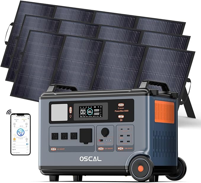 OSCAL 6000W Solar Generator with 3×400W Solar Panel,120V/240V Split Phase Voltage Portable Power Station PowerMax 6000, 4 * 6000w AC Output (9000W Surge),2400W MPPT Solar for Emergency 01