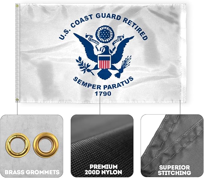 AGAS USA Coast Guard Retired Flag 4x6 Ft - Printed 200 Denier Outdoor Nylon - Double Stitched Edges Canvas Header Brass Grommets - Big Size USCG Coast Guard Retired Flag