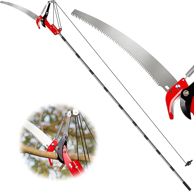 Suchtale 14ft Pole Saw, Manual Tree Pruner with Sharp Steel Blade, Trimmer with Scissors and High Strength Lightweight Handles for Pruning High Branches, Shrubs and Twigs at Forest Yard Garden Patios