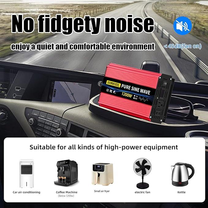 SUNWHEEL 1200W 24V Pure Sine Wave Inverter, 24V DC to 110V/120V AC Power Inverter for RV、Off Grid、Truck、Power Outage with 2 AC outlets and LCD Display