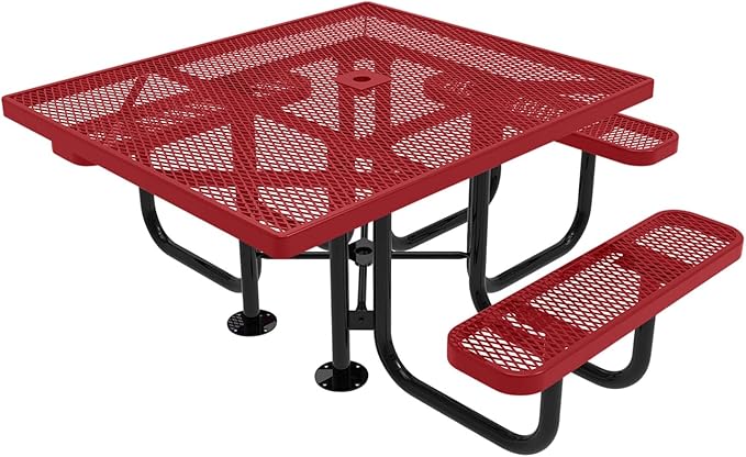 COATEDOUTDOORFURNITURE Heavy-Duty Portable ADA-Compliant Outdoor Picnic Table with Umbrella Hole, Expanded Metal Patio Dining Furniture Made in America (46" Square Top, Textured Burgundy)