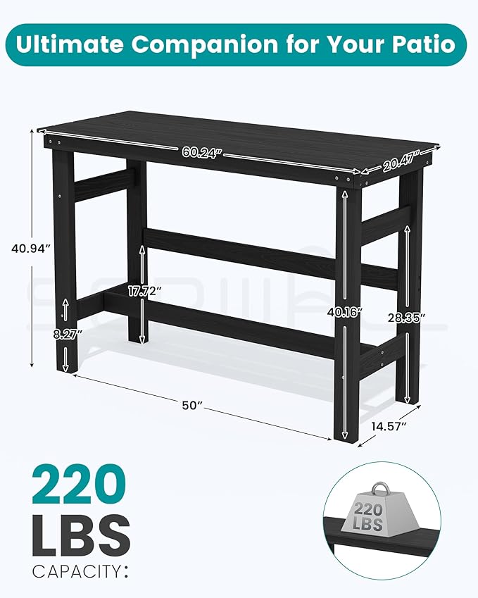 SERWALL 41" Outdoor Bar Table, All Weather HDPE Patio Bar Counter Height Table, Rectangle Patio Bar Table for Outside, Garden, Backyard, Balcony, Poolside, Black