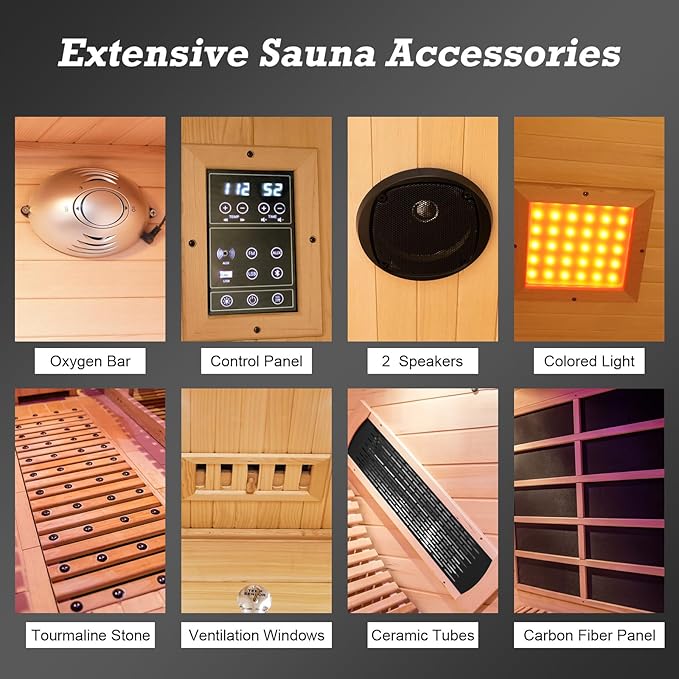 Infrared Sauna with Recliner, 2 Person Hemlock Wooden Dry Saunas with 220V/3400W, Indoor Home Sauna Spa with 9 Heating Panels, Bluetooth Speaker, 7 Color Lights, Oxygen Bar
