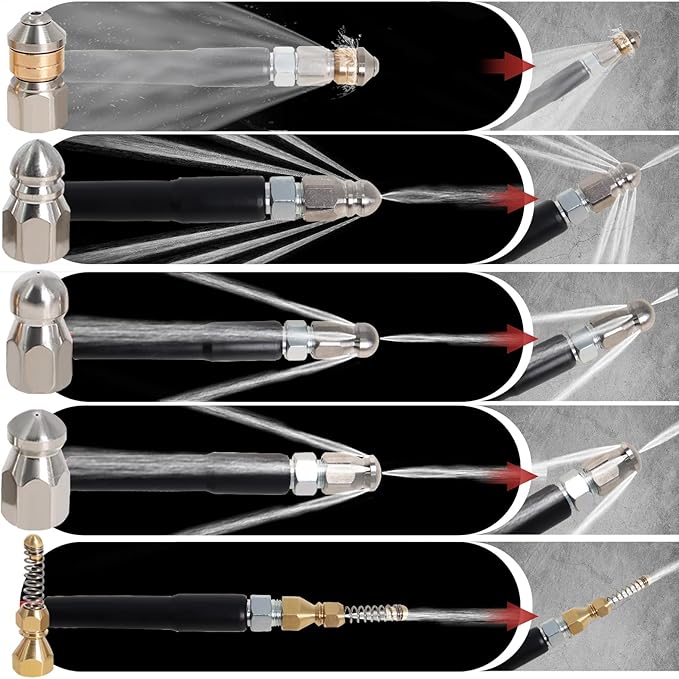 Sewer Jetter Kit for Pressure Washer 150FT, 5800PSI Drain Cleaner Hose 1/4 Inch NPT Corner with 5 Sewer Jetting Nozzles，Waterproof Tape，Pearl Corsage Pin & 2 Spanners (Red)