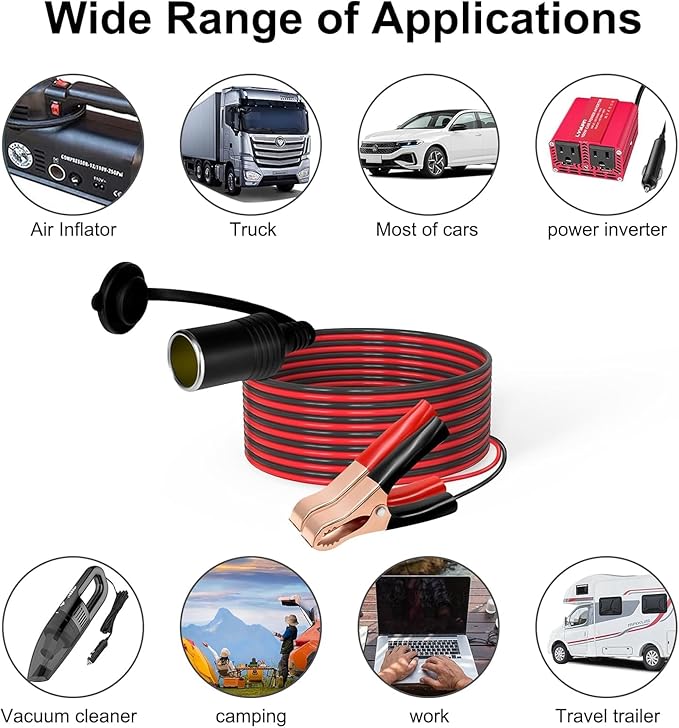 LVYUAN Cigarette Lighter Socket with Battery Alligator Clip, Female Cigarette Lighter Socket to 12V Battery Alligator Clips Charger Extension Cord Automotive Battery Clip-On Extension Cable (12FT)