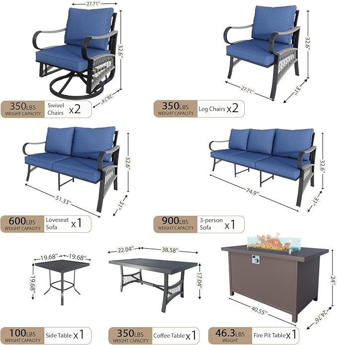 9 Pieces Modern Patio Furniture Set, All Weather Metal Outdoor Conversation Sets with Fire Pit Table for Backyard Garden Deck Porch Poolside, Blue