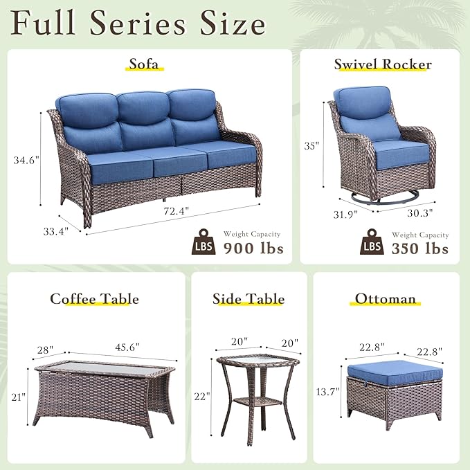 Luxury High Back Outdoor Furniture with 6-inch Extra Thick Cushions, Patio Furniture Set with Swivel Chairs, 8 PCS Wicker Conversation Set for Yard, Deck, Poolside, Brown/Blue