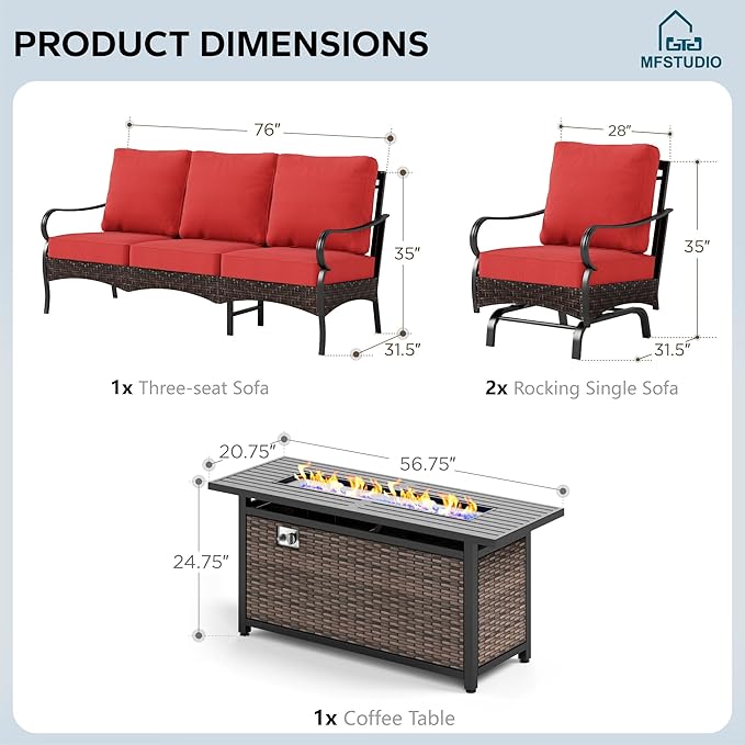 MFSTUDIO 4 Pieces Outdoor Patio Furniture Set, Metal Outdoor Conversation Set, Rattan Wicker Patio Sectional Set with 2 x Rocking Single Sofa, 3-Seat Sofa, 1 x Fire Pit Table, Red