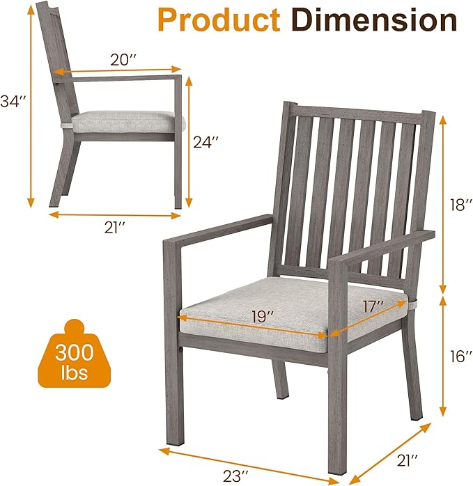 Patio Dining Chair Set of 4, Aluminum Outdoor Dining Chairs with Waterproof Cushions, Metal Outdoor Patio Furniture Seating for Porch, Balcony, Deck, Backyard, Gray