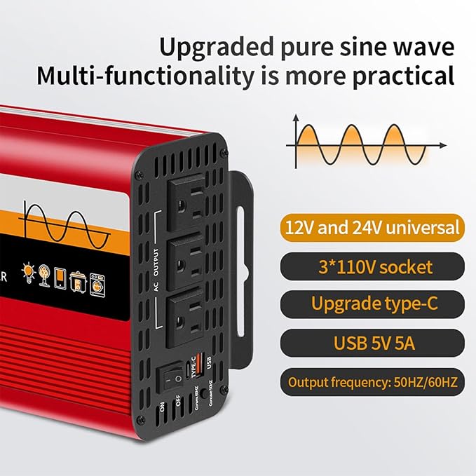 1500W Pure Sine Wave Inverter (3000W Peak), 12V/24V Auto-Detect, 50Hz/60Hz Switchable, LCD Display, Type-C Fast Charging, Silent Design, Overload & Overheat Protection for RV, Home (RED-1500W)