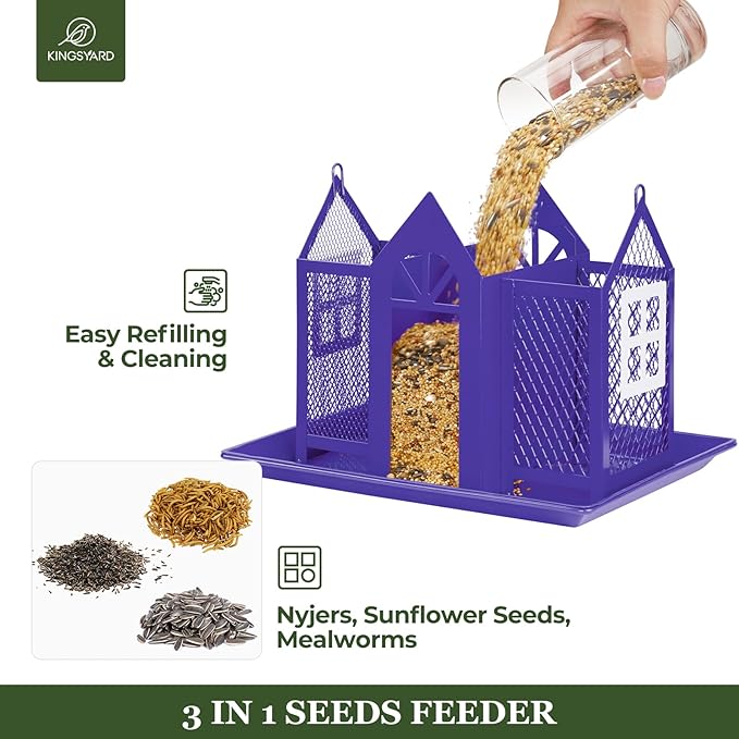 Kingsyard Bird Feeder House for Outside, Metal Mesh Wild Bird Feeder with Triple Feeders for Finch Cardinal Chickadee, Large Capacity, Weatherproof and Durable, Purple