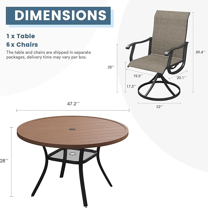 DIFY 7 Pieces Outdoor Patio Dining Set, 6 Brown Textilene Swivel Dining Chairs and 47.2" Walnut Round Dining Table, Metal Outdoor Table and Chairs