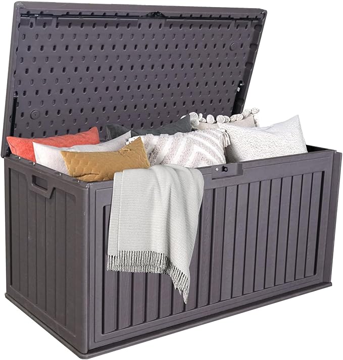 LANTRO JS 100 Gallon Deck Box, Waterproof Deck Storage Box, Resin Plastic Patio Storage Box with Side Handles, Lockable Storage Containers