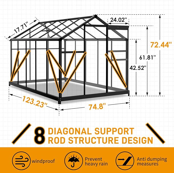 Greenhouse for Outdoors, 6x10 FT Heavy Duty Polycarbonate Greenhouse with 5 Roof Vents, Aluminum Large Walk-in Greenhouse for Outside Garden Backyard, Easy Setup, Black
