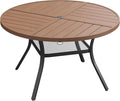VICLLAX Outdoor Patio Round Dining Table, 47.2"x 47.2" Spliced Metal Tabletop with Storage Shelf for Deck Lawn Garden Backyard, Walnut