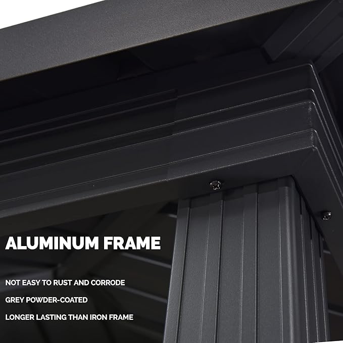 PURPLE LEAF 6.5' X 10' Hardtop Grill Gazebo for Patio Permanent Aluminum Barbeque Shelter Gazebo Canopy with Ceiling Hook and Shelves Double Tiered Grey Outdoor BBQ