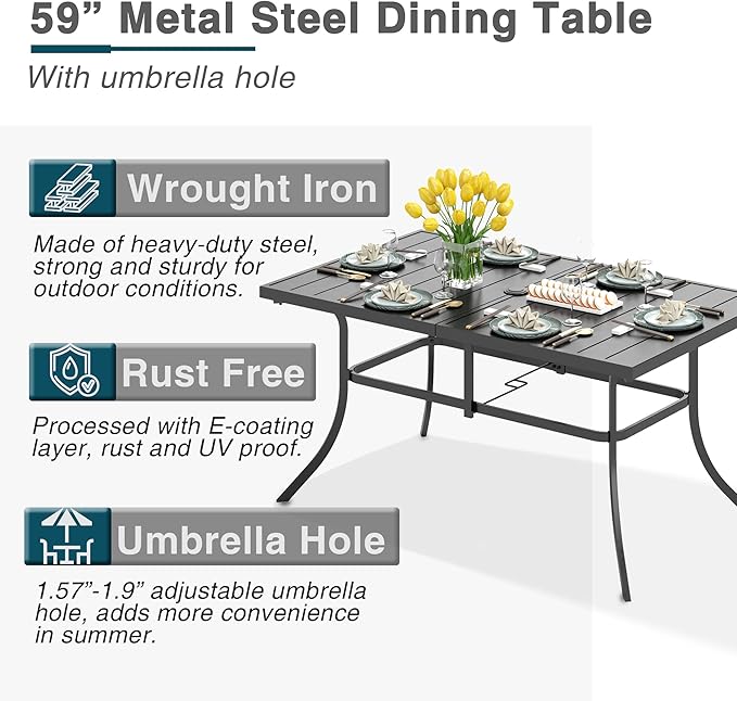PHI VILLA 7 Piece Patio Dining Set for 6, 60” Rectangular Wrought Iron Dining Table with Umbrella Hole & Rattan Wicker Chairs with Beige Cushions for Outdoor Deck, Yard, Porch