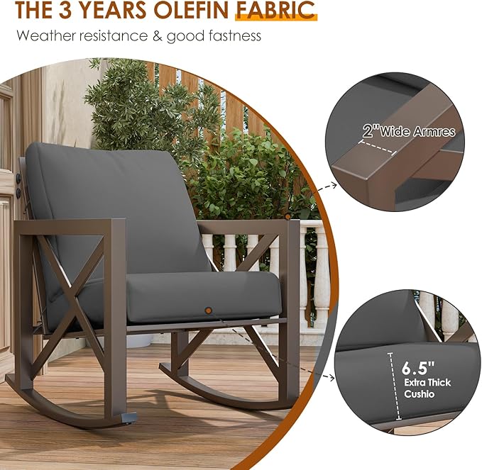 Outdoor Rocking Bistro Set, Patio Rocking Chairs Set of 2 with Coffee Table, 3 Pieces Metal Conversation Sets with 6.5" Thick Cushions for Backyard, Porch, Poolside, Oversized (Gray)