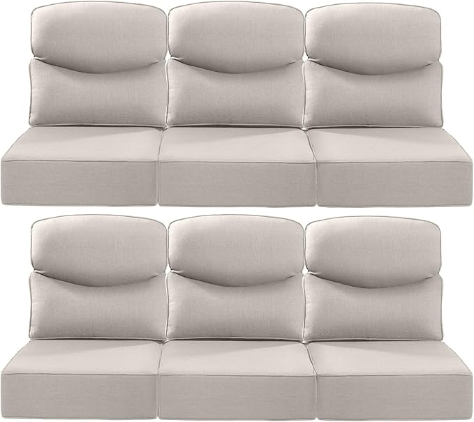 Luxury 24x24x6 Inch Smile Patio Cushions for Outdoor Furniture Set of 6 - Thick Back & Deep Seat Outside Replacement Chair Pillows for Rattan Metal Glider Loveseat Sectional Sofa - Beige