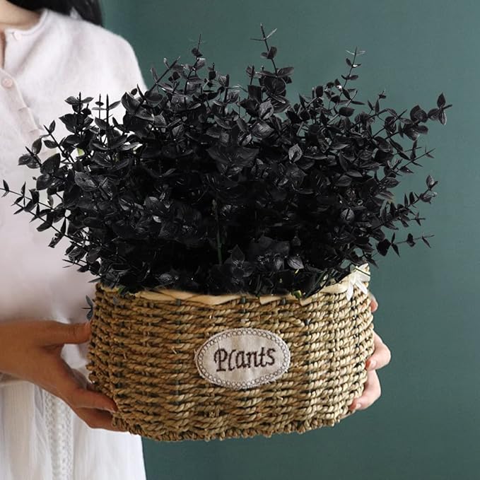 RECUTMS Black Artificial Flowers, Fake Outdoor UV Resistant Plants Faux Plastic Greenery Shrubs Indoor Outside Hanging Planter Halloween Flower Decoration, Garden Decor (Black Eucalyptus)