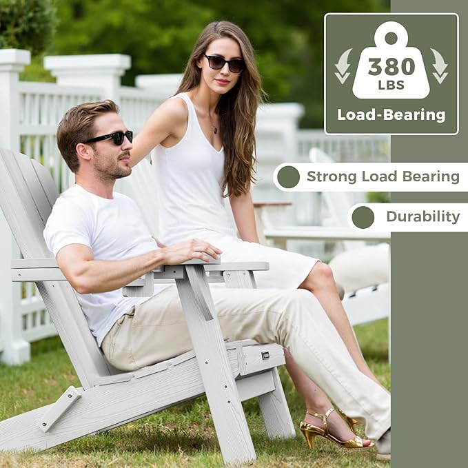 Folding Adirondack Chair Wood Texture 6 Pack, HDPE All-Weather Fire Pit Chairs, Plastic Adirondack Chairs with 2 Cup Holder, Outdoor Lawn Chair for Patio Garden (White)