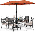 Sophia & William Patio Dining Set for 6, 13ft Patio Umbrella Red, Removable Seat Cushions, Black 59" Patio Dining Table