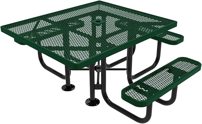 COATEDOUTDOORFURNITURE Heavy-Duty Portable ADA-Compliant Outdoor Picnic Table with Umbrella Hole, Expanded Metal Patio Dining Furniture Made in America (46" Square Top, Green)