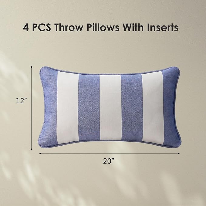 Decorative Outdoor Water Repellent Throw Pillows with Inserts, Set of 4, 20" x12" Pillows for Patio, Backyard, Bed, Couch, and Patio Furniture, Navy Stripe