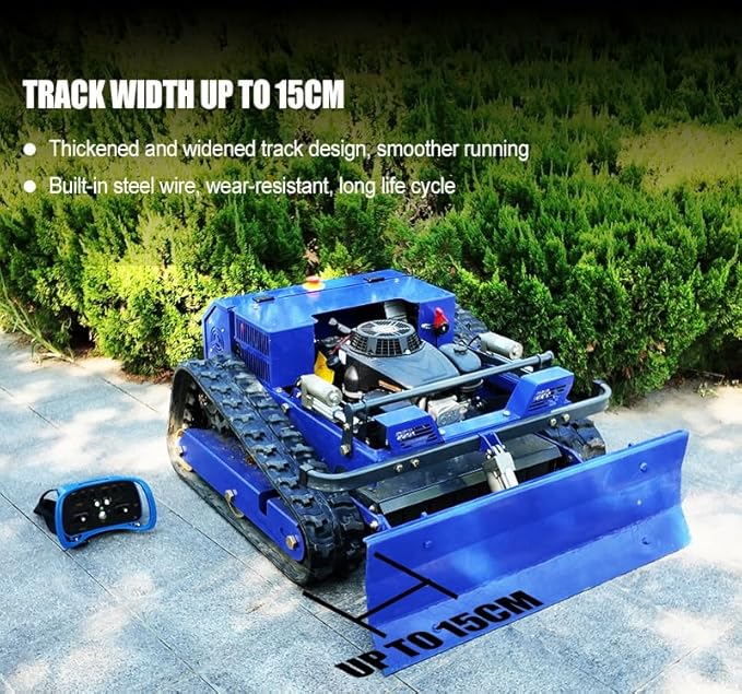 Remote Control Lawn Mower with Snow Plow, Crawler Track All-Terrain Machine, Oil-Electric Hybrid Power for Extreme Slopes and Large Turf, Adjustable Cutting Height