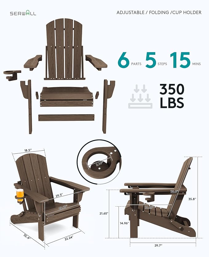 SERWALL Folding Adirondack Chair Set of 8, Adjustable Adirondack Chair with 3 Recline Positions, All Weather HDPE Outdoor Adirondack with Cup Holders, Coffee