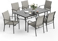 Patio Dining Set for 6, 64" Rectangular Metal Dining Table with Umbrella Hole and 6 Chairs, Outdoor Table and Chairs Set for Lawn Garden Backyard and Deck, Brown